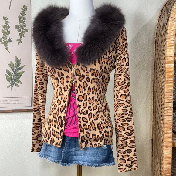 Vintage 90s Y2k Fur Trim Leopard Zip Cardigan Sweater McBling Mob Wife Sexy S - Picture 3 of 7